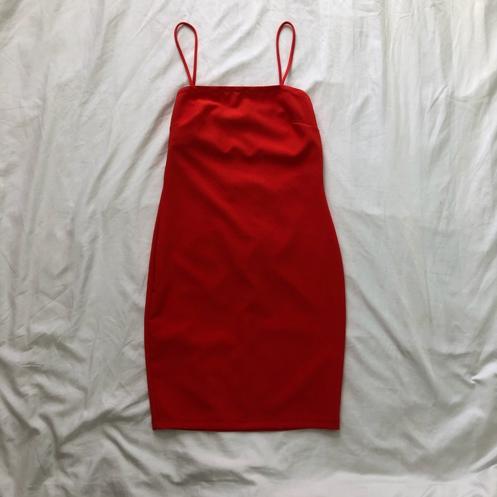 Skinny red dress.